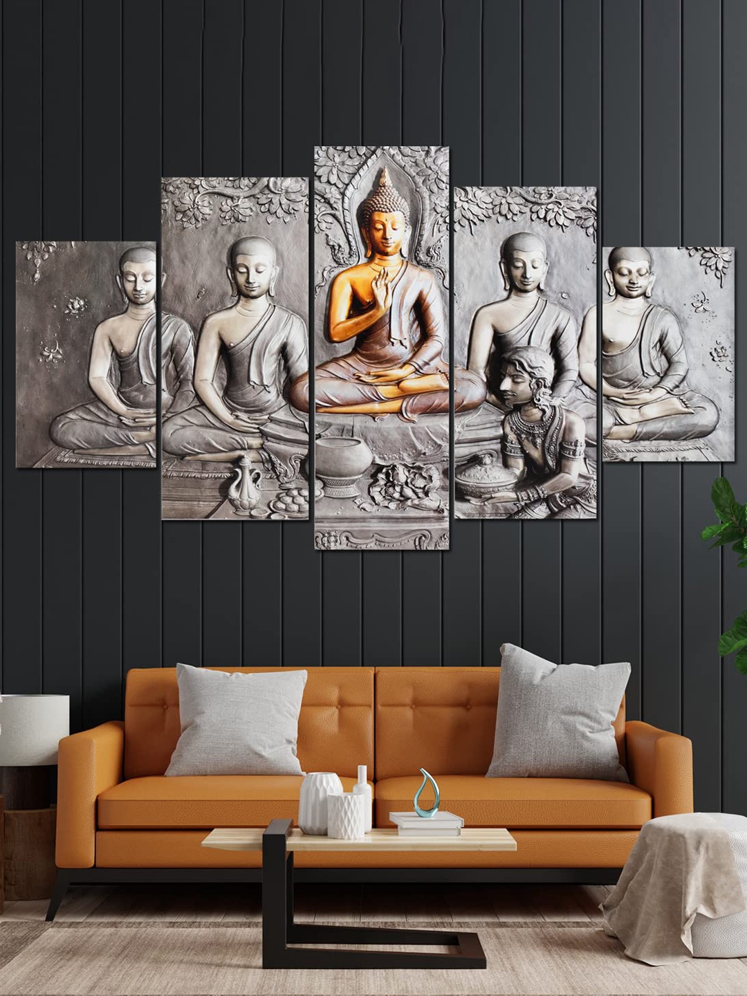 

Perpetual Grey and Mustard Yellow 5-Pieces Buddha 3D Wall Painting with Frame