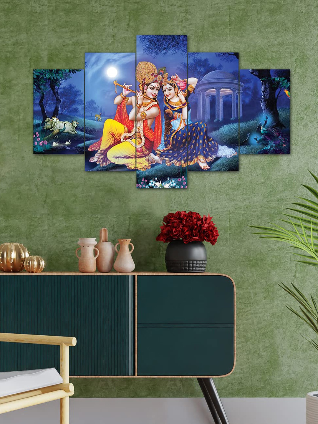 

Perpetual Blue & Red 5-Pieces Radha Krishna 3D Painting Wall Art with Frame