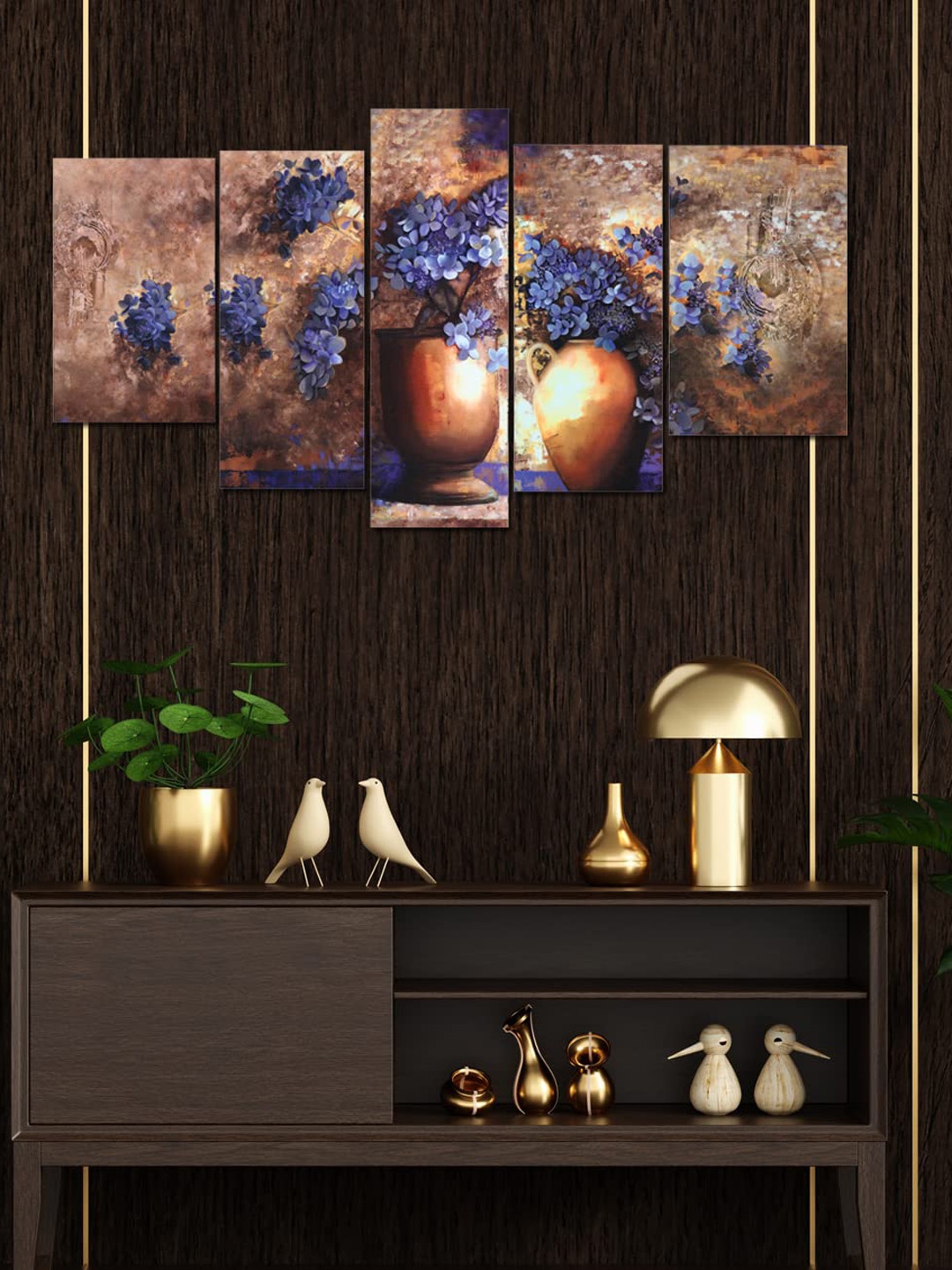 Perpetual Beige and Blue Set Of 5 Flower Vase 3D Painting Wall Art