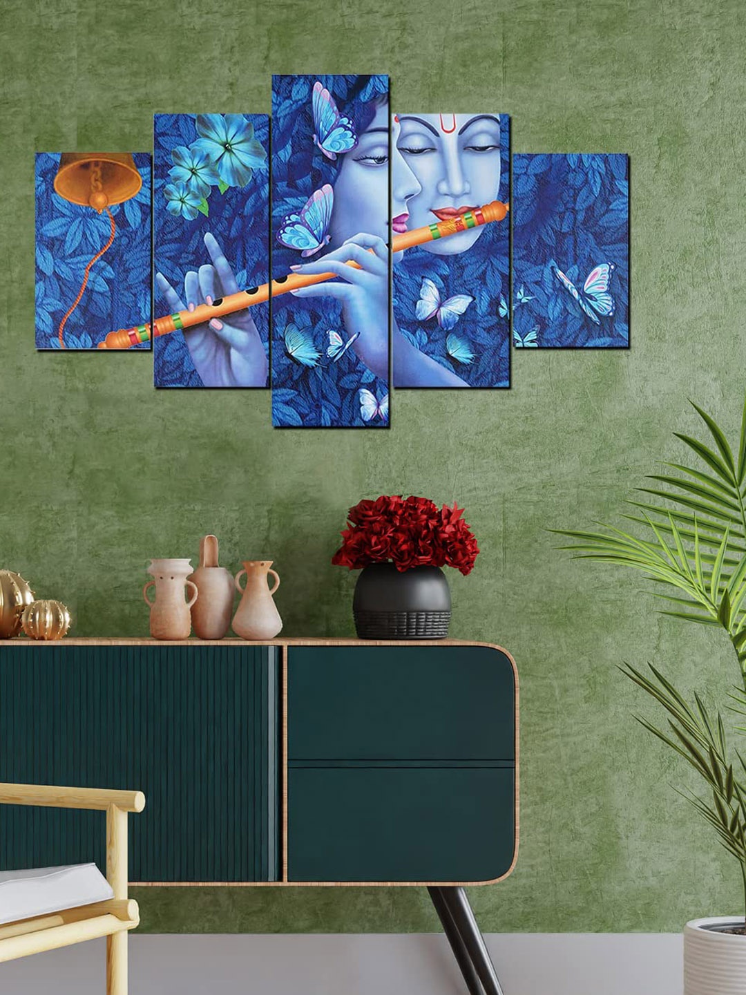 Perpetual Blue 5-Pieces Radha Krishna 3D Painting Wall Art with Frame