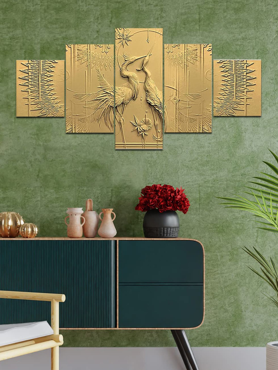 

Perpetual Gold-Toned Set Of 5 Birds 3D Wall Painting with Frame
