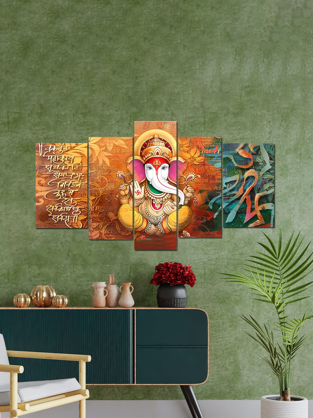 Perpetual Yellow & Rust 5-Pieces Ganesha 3D Wall Painting with Frame