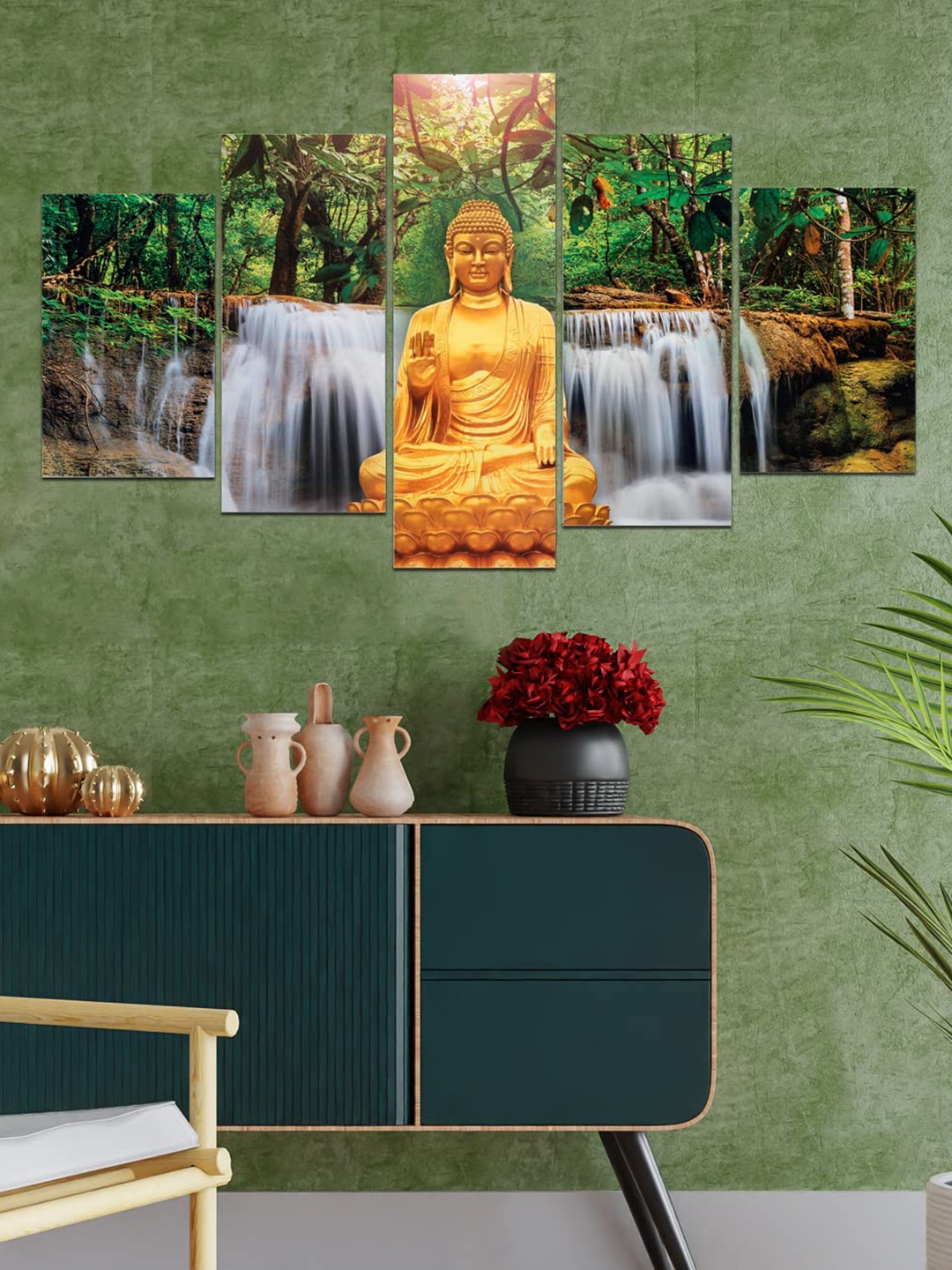 

Perpetual Gold Toned and Green 5-Pieces Buddha 3D Painting Wall Art with Frame