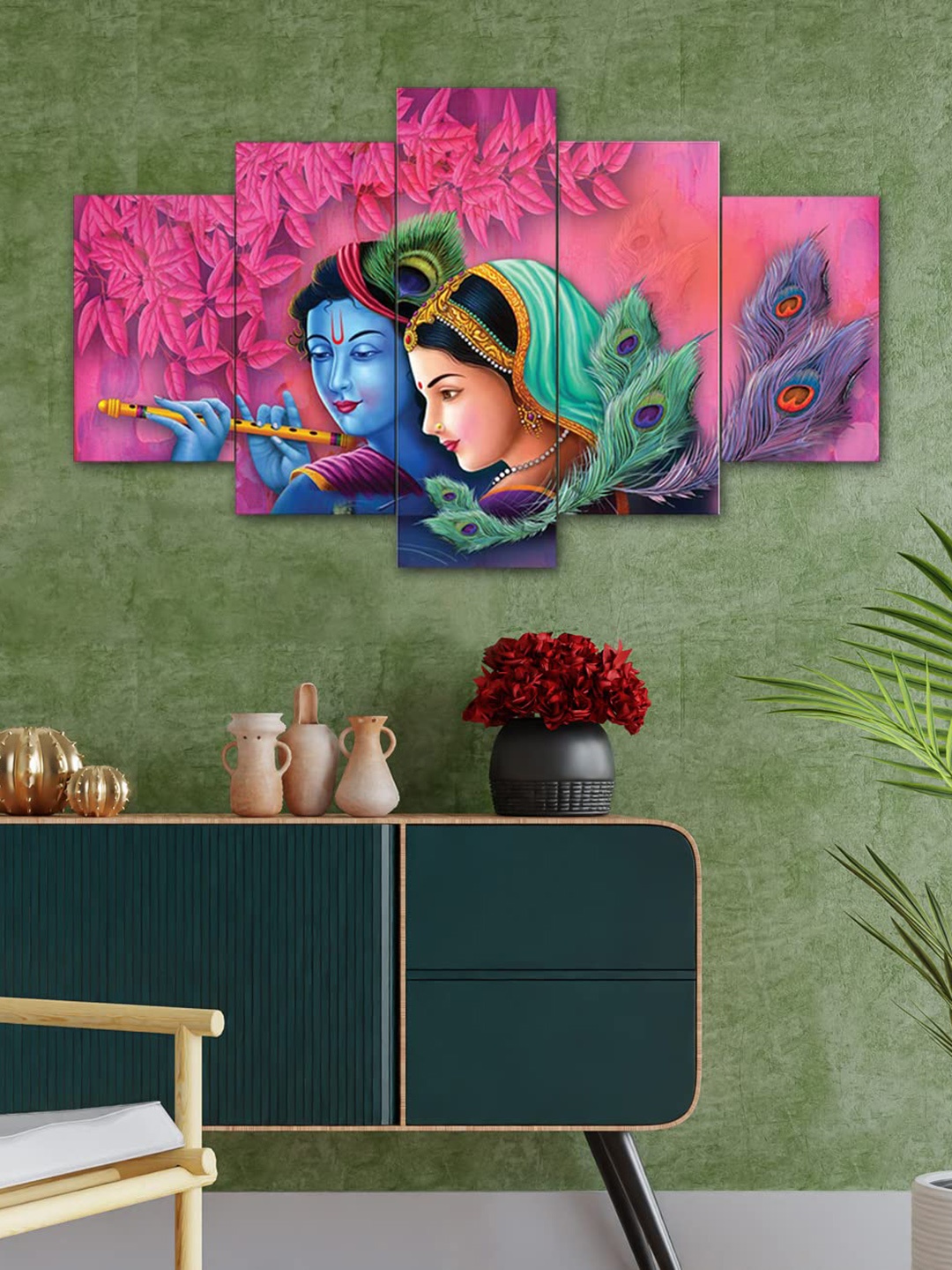 

Perpetual Pink and Green 5-Pieces Radha Krishna 3D Wall Painting with Frame