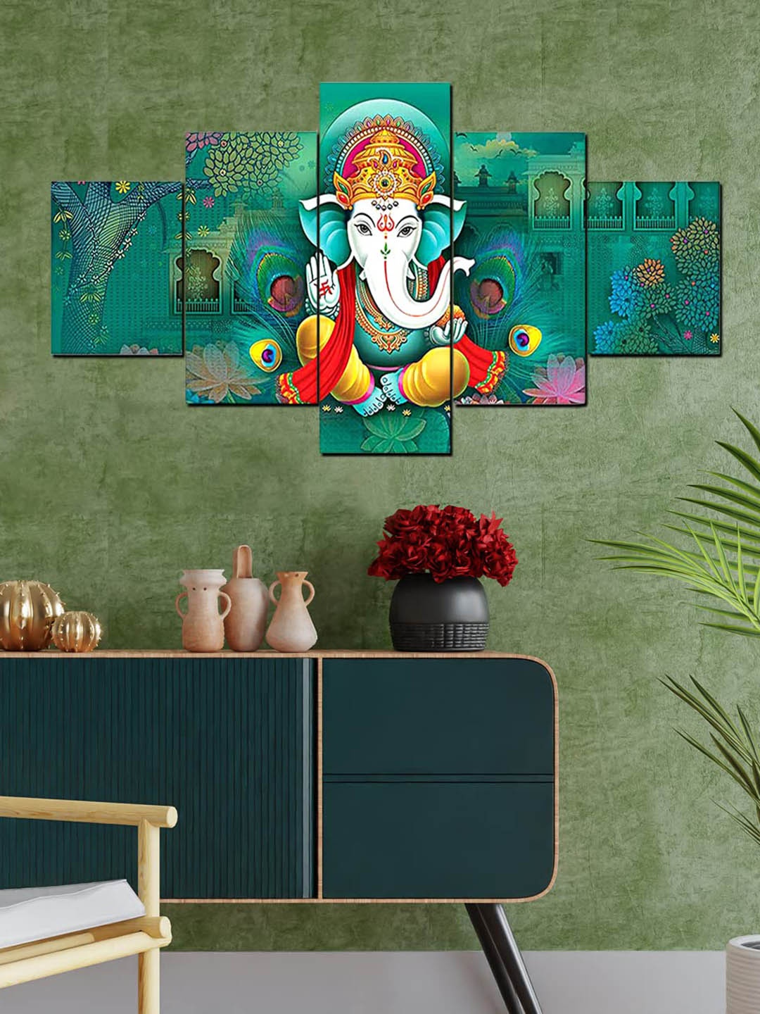 

Perpetual Green and White 5-Pieces Lord Ganesha 3D Wall Painting with Frame