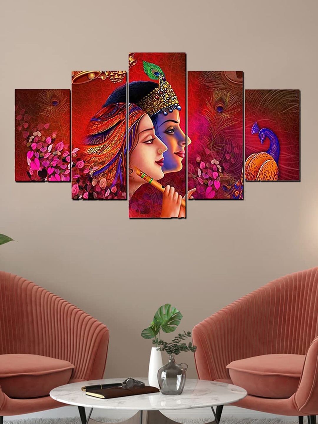 

Perpetual Red and Beige 5-Pieces Radha Krishna 3D Painting Wall Art