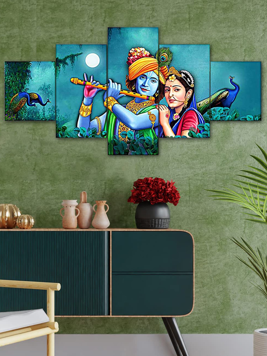 

Perpetual Teal Green and Blue 5-Pieces Radha Krishna 3D Wall Painting with Frame
