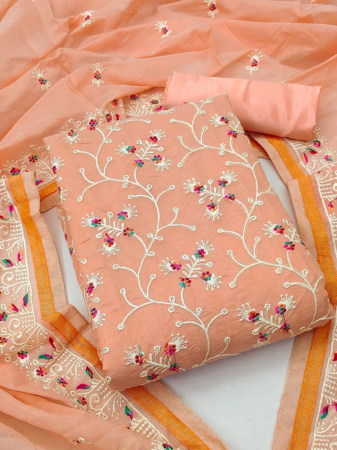 

KALINI Embroidered Unstitched Dress Material, Peach
