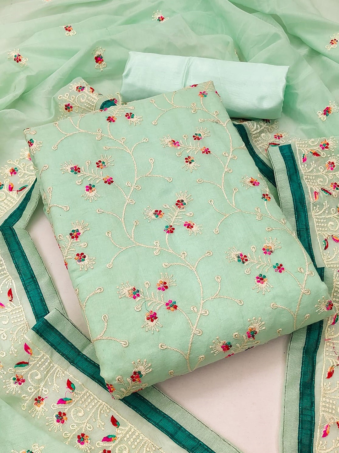 

KALINI Embroidered Unstitched Dress Material, Lime green