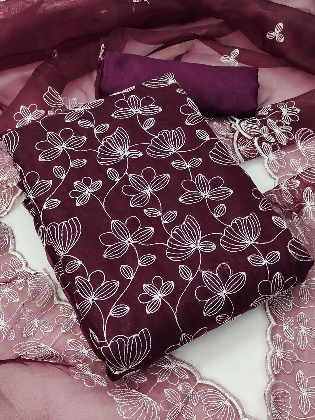 

KALINI Embroidered Organza Unstitched Dress Material, Magenta