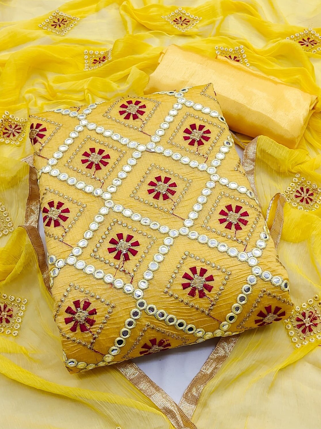 

KALINI Embroidered Unstitched Dress Material, Yellow