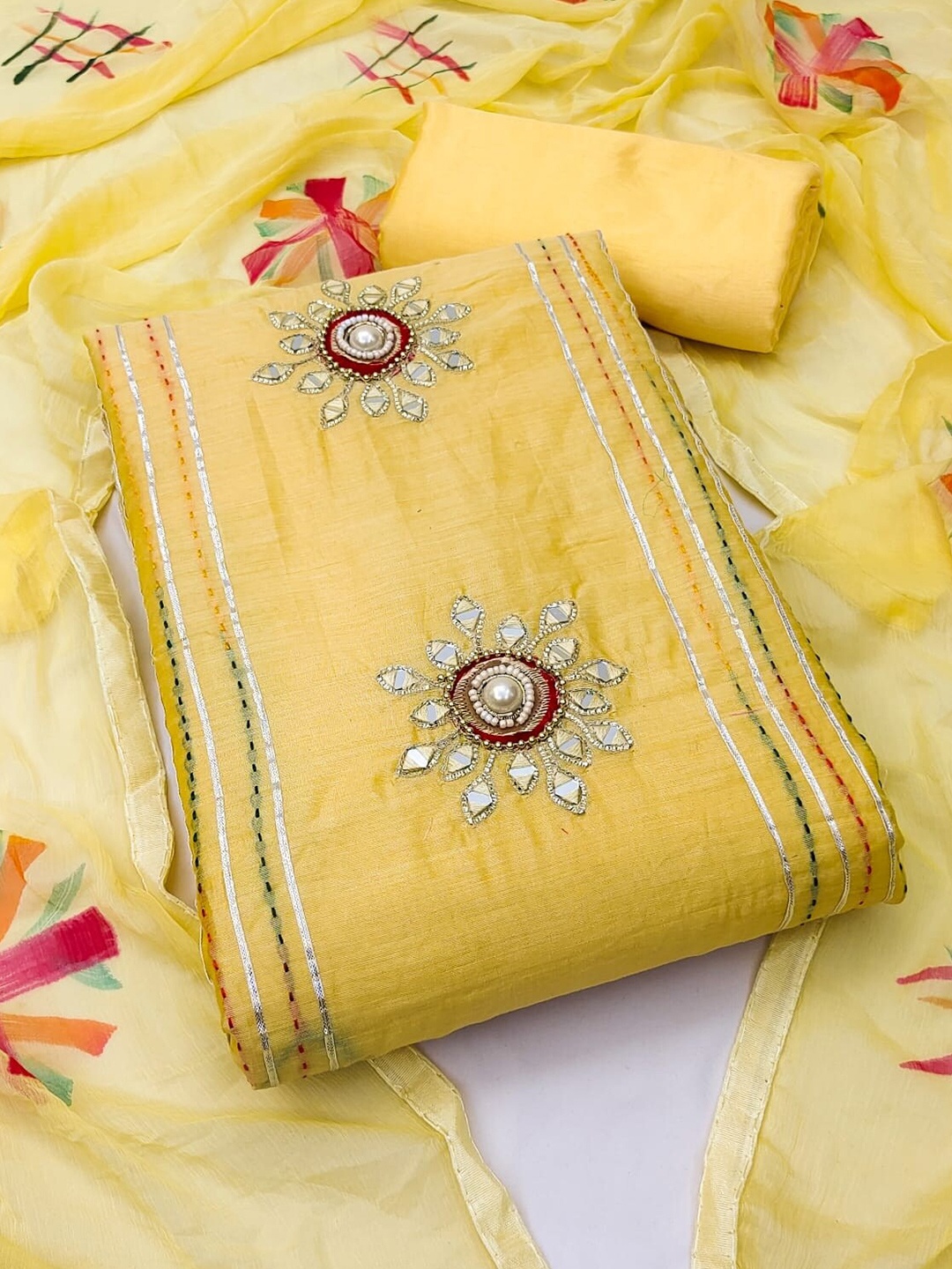 

KALINI Embroidered Unstitched Dress Material, Yellow