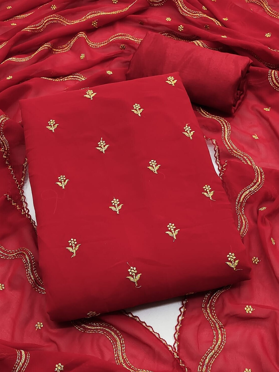

KALINI Embroidered Silk Georgette Unstitched Dress Material, Red