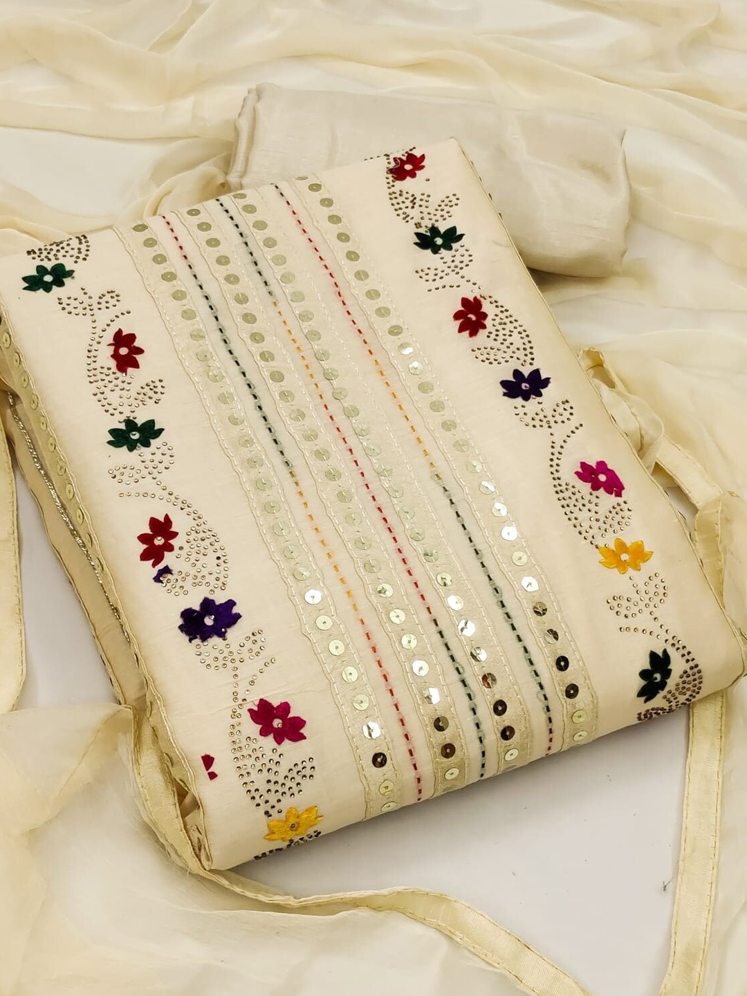 

KALINI Beige & Yellow Embroidered Unstitched Dress Material