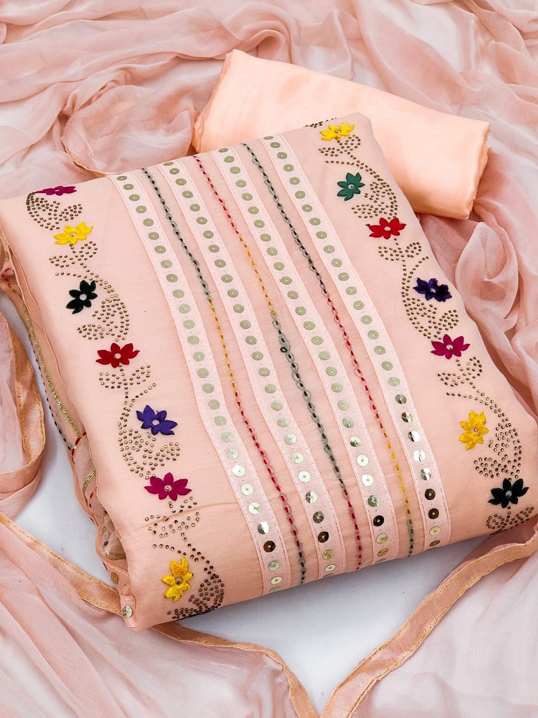 

KALINI Embroidered Unstitched Dress Material, Peach