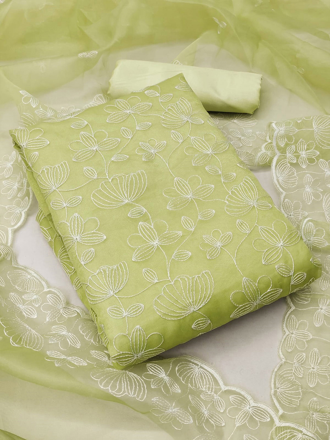 

KALINI Embroidered Organza Unstitched Dress Material, Olive