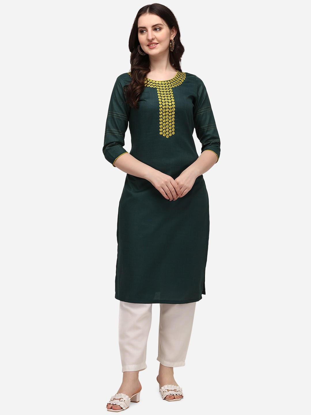 

KALINI Ethnic Motifs Embroidered Thread Work Cotton Kurta, Green