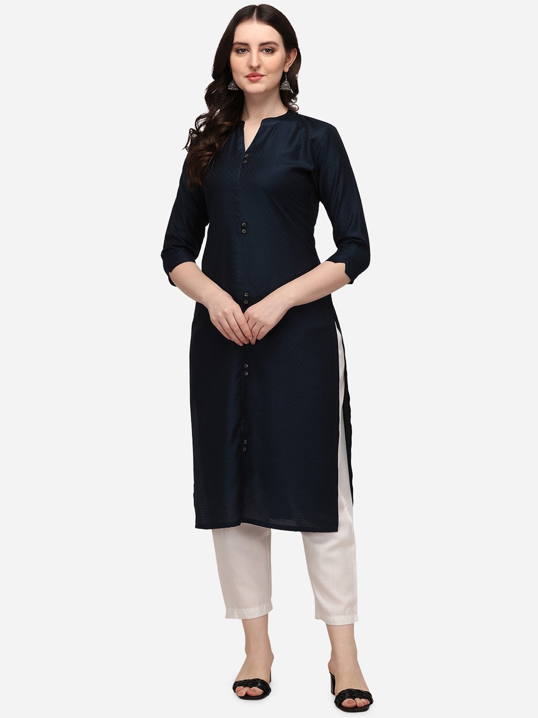 

KALINI Women Woven Design Thread Work Jacquard Kurta, Navy blue