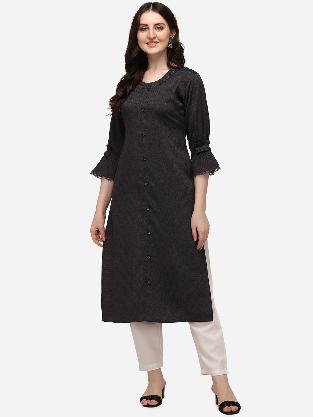 

KALINI Bell Sleeves Dobby Straight Kurta, Black