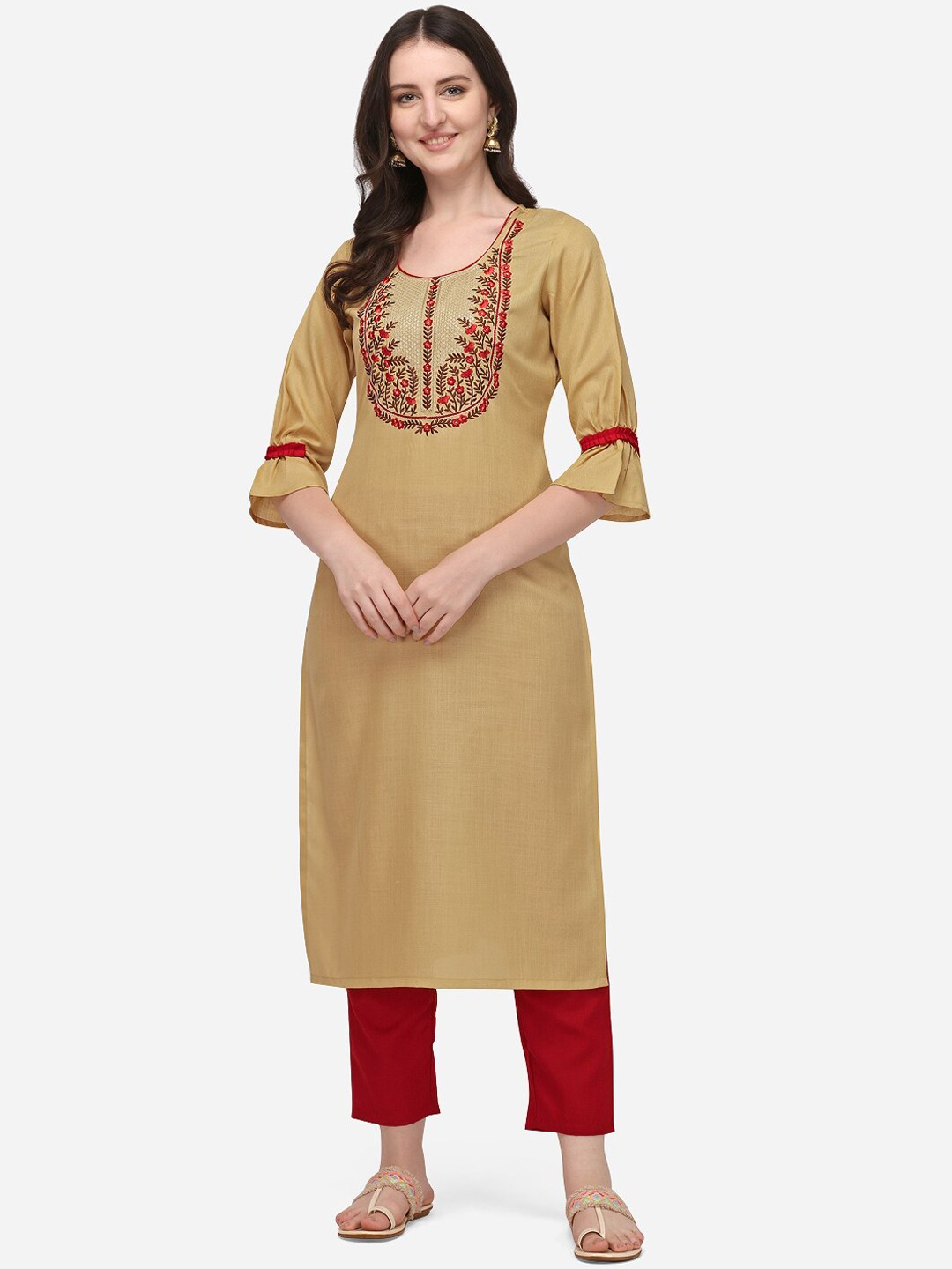 

KALINI Yoke Design Sequinned Pure Cotton Kurta with Trousers, Beige