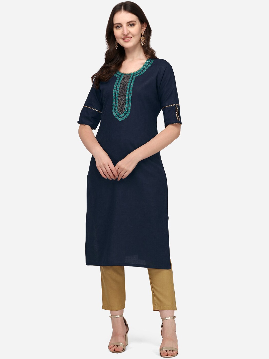 

KALINI Ethnic Motifs Embroidered Thread Work Pure Cotton Kurta with Trousers, Navy blue