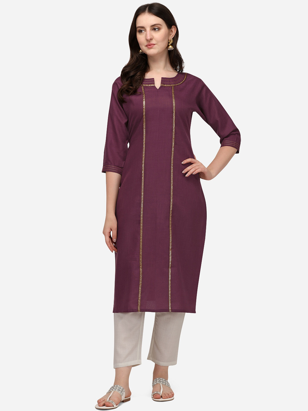 

KALINI Women Notch Neck Cotton Kurta, Purple