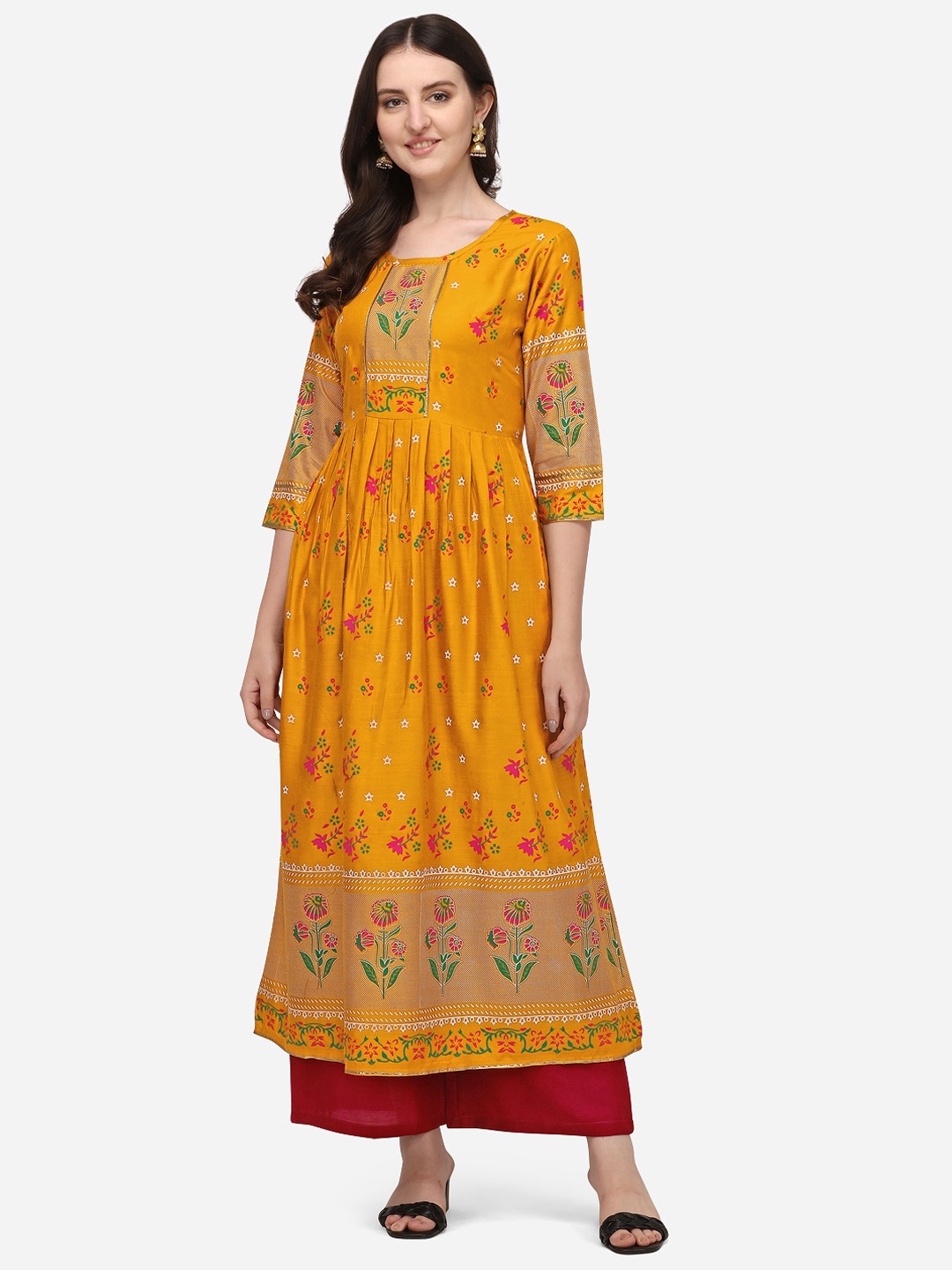 

KALINI Women Floral Printed Floral Round Neck Anarkali Kurta, Yellow