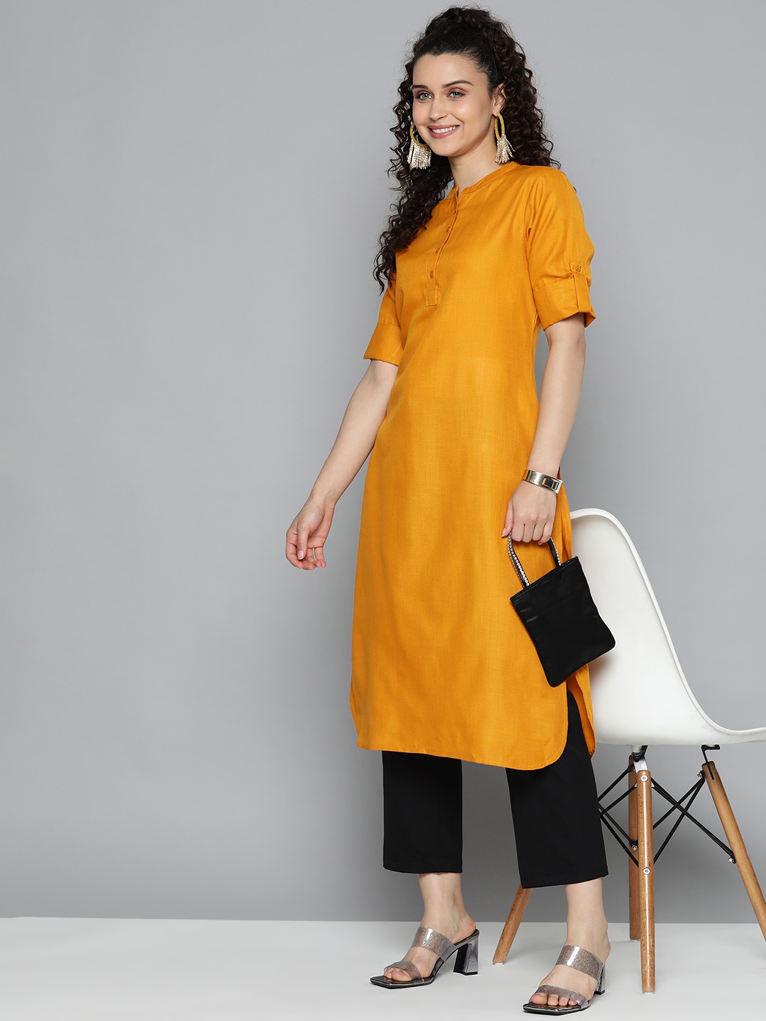 

HERE&NOW Women Solid Roll-Up Sleeves Kurta, Yellow