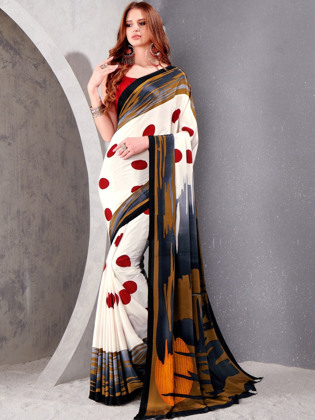 

Kasak Polka Dot Printed Pure Crepe Saree, White