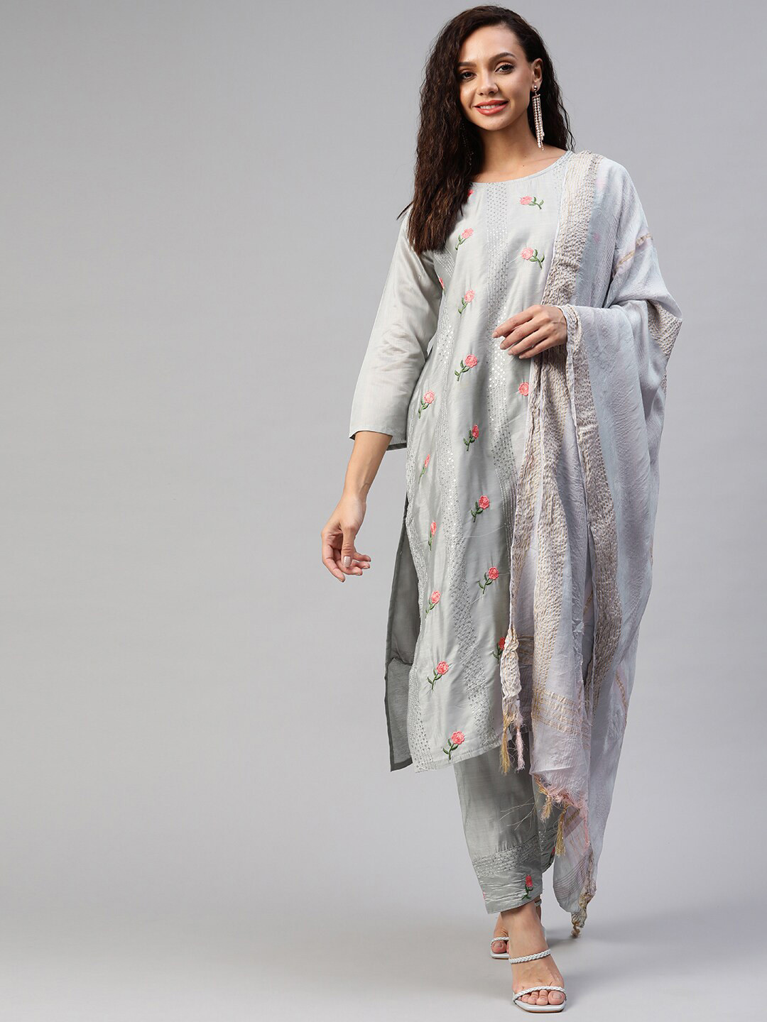 

Aarika Women Floral Embroidered Sequinned Pure Silk Kurta with Trousers & With Dupatta, Grey
