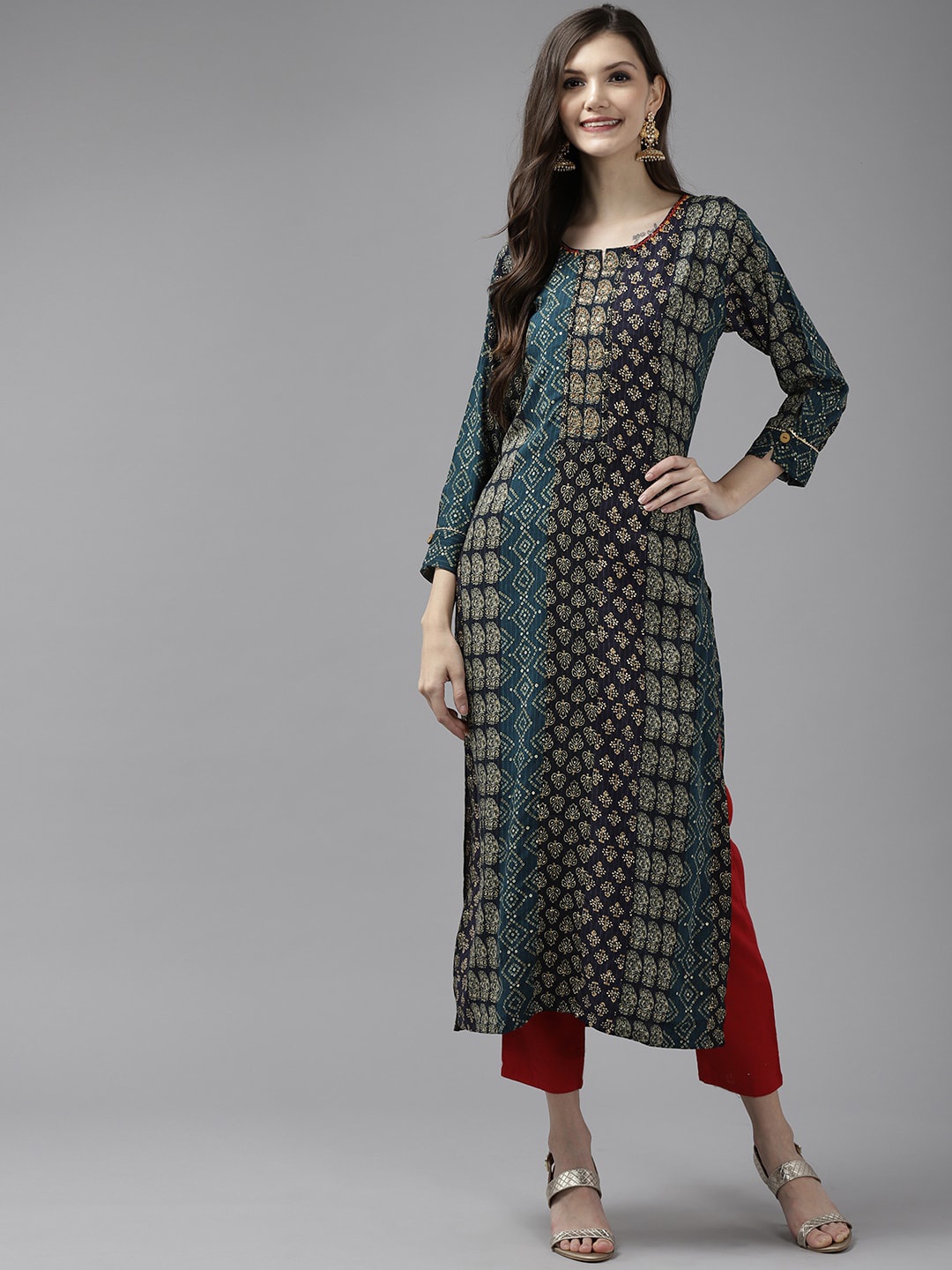 

Aarika Women Ethnic Motifs Printed Mirror Work Notch Collar Cotton Kurta, Blue