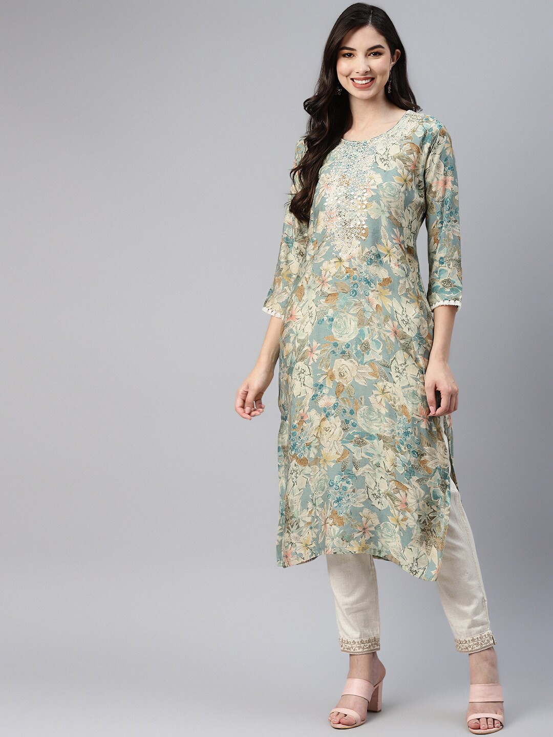 

Aarika Floral Printed Flared Sleeves Mirror Work Kurta, Blue