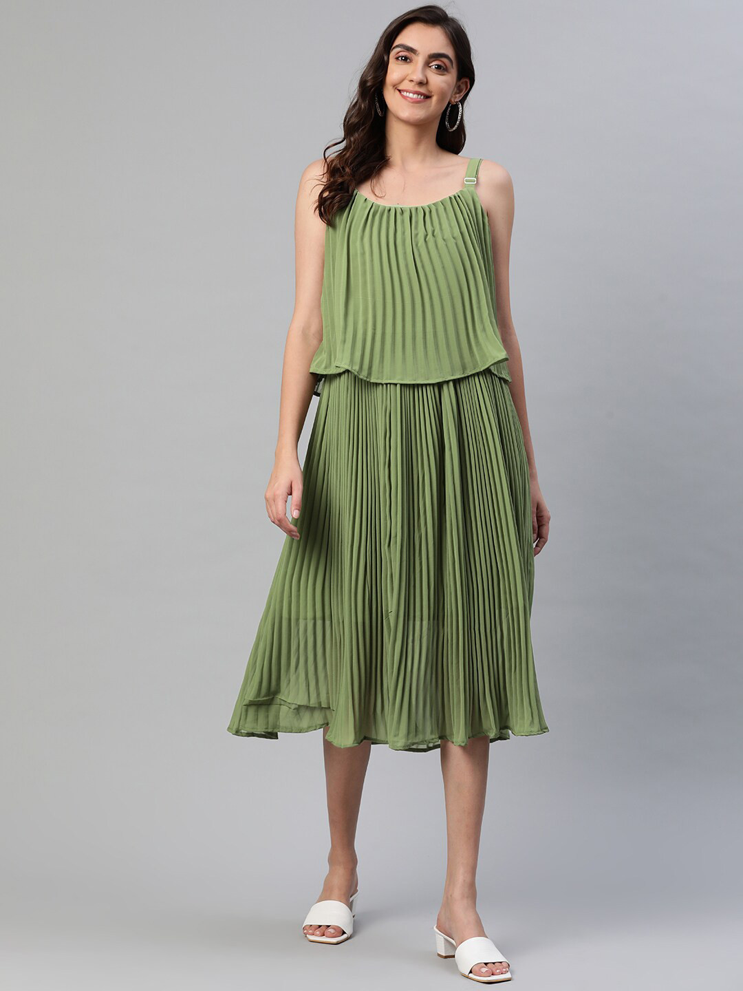 

Aarika Green Striped Georgette A-Line Midi Dress