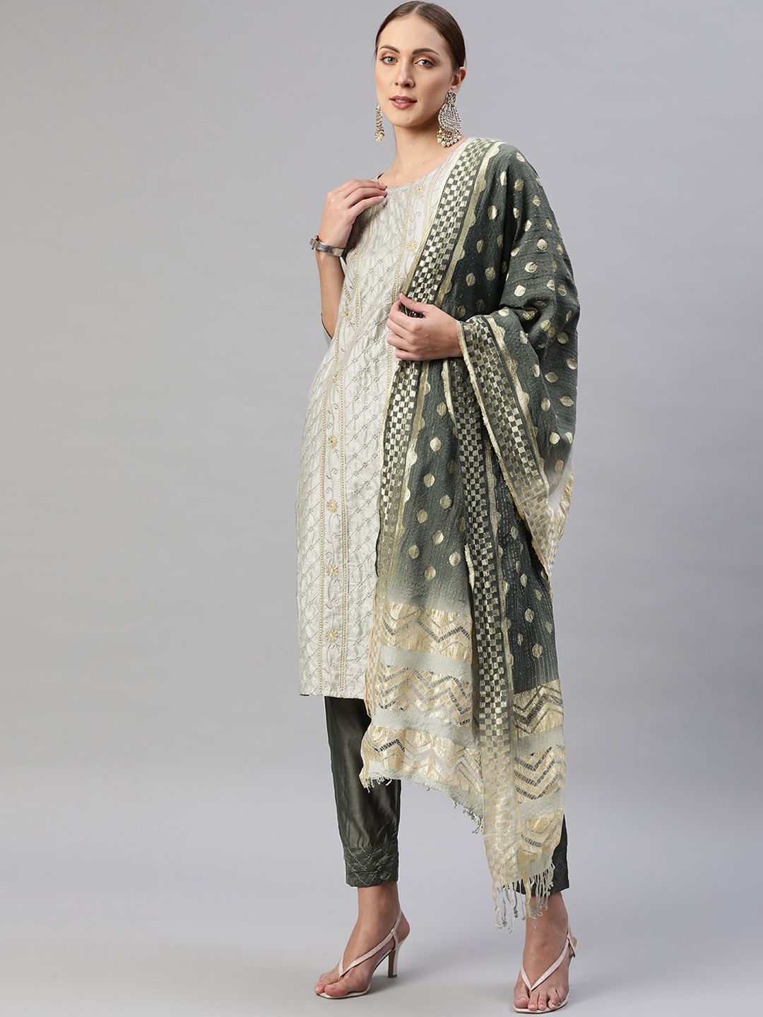 

Aarika Women Floral Embroidered Thread Work Pure Silk Kurta with Trousers & Dupatta, Olive