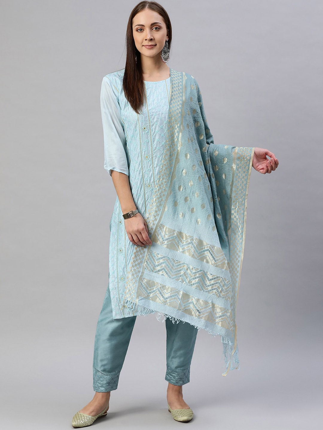 

Aarika Floral Embroidered Thread Work Pure Silk Kurta with Trousers & With Dupatta, Turquoise blue