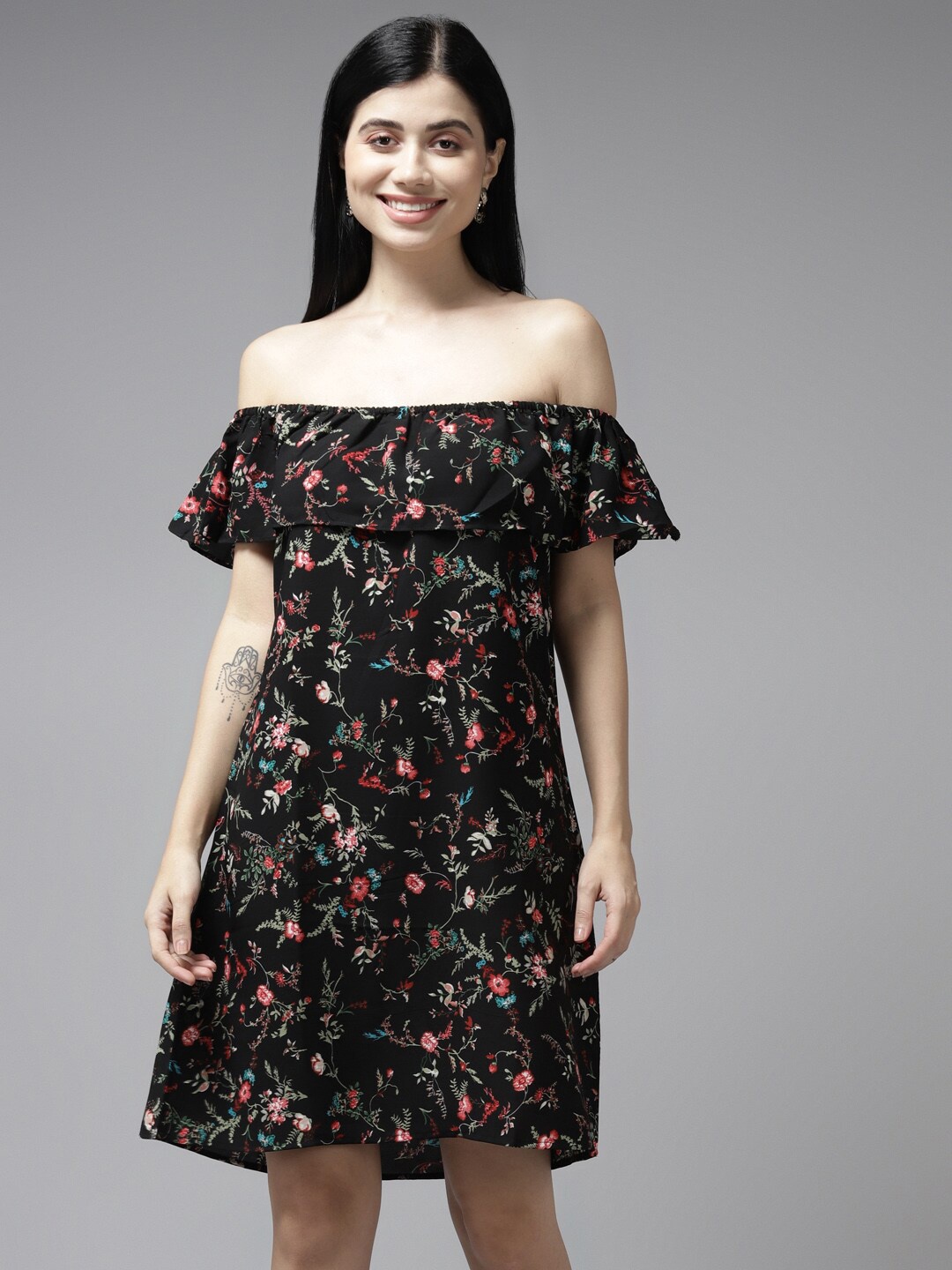

Aarika Floral Printed Off-Shoulder Cotton A-Line Dress, Black