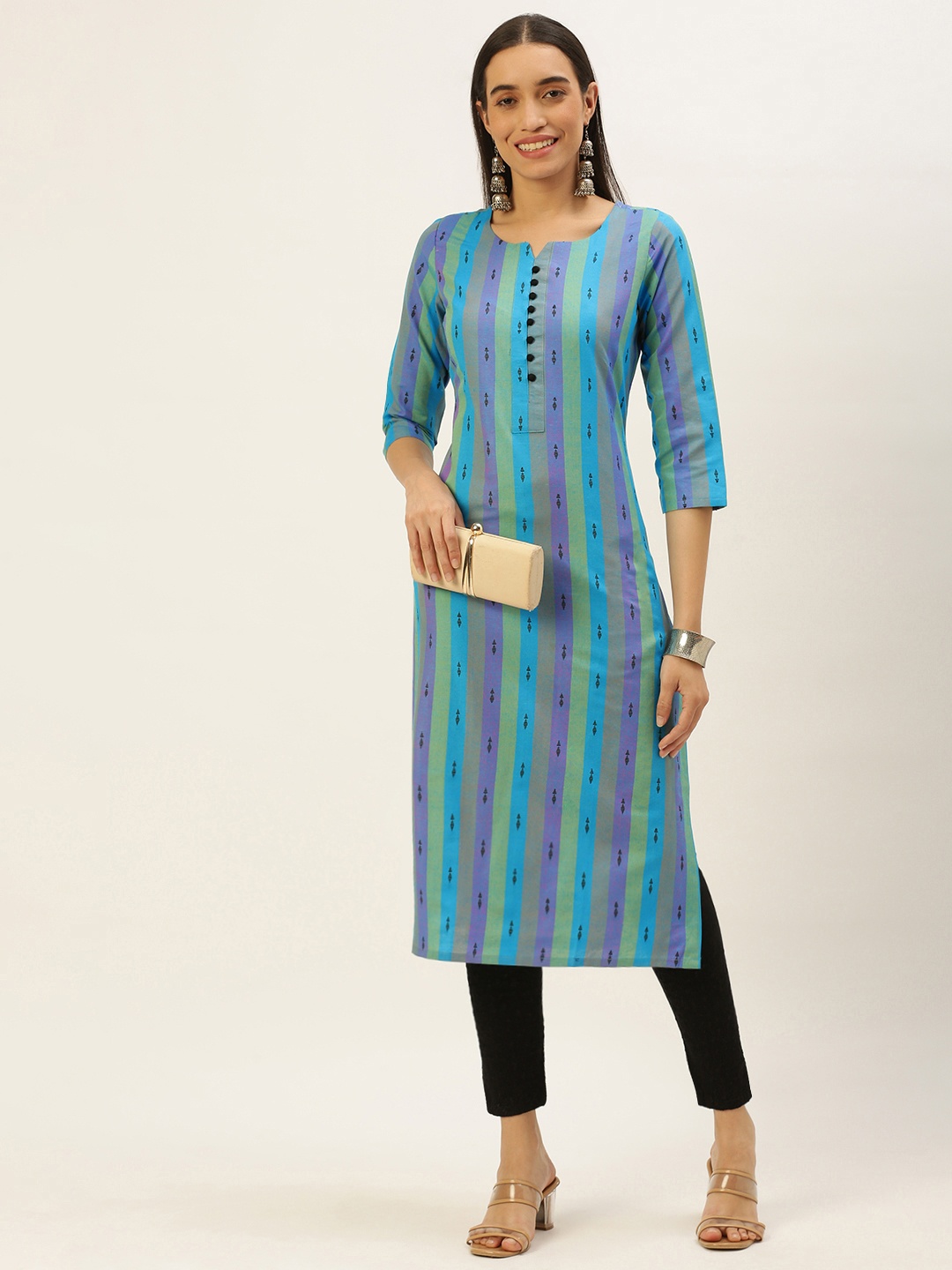 

Saanjh Women Striped Thread Work Straight Kurta, Blue