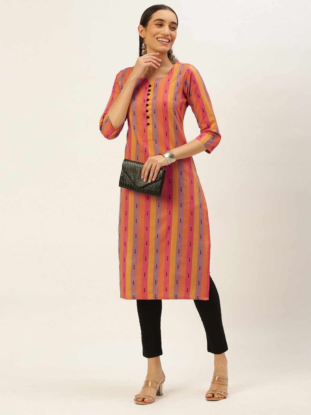 

Saanjh Women Striped Thread Work Straight Kurta, Orange