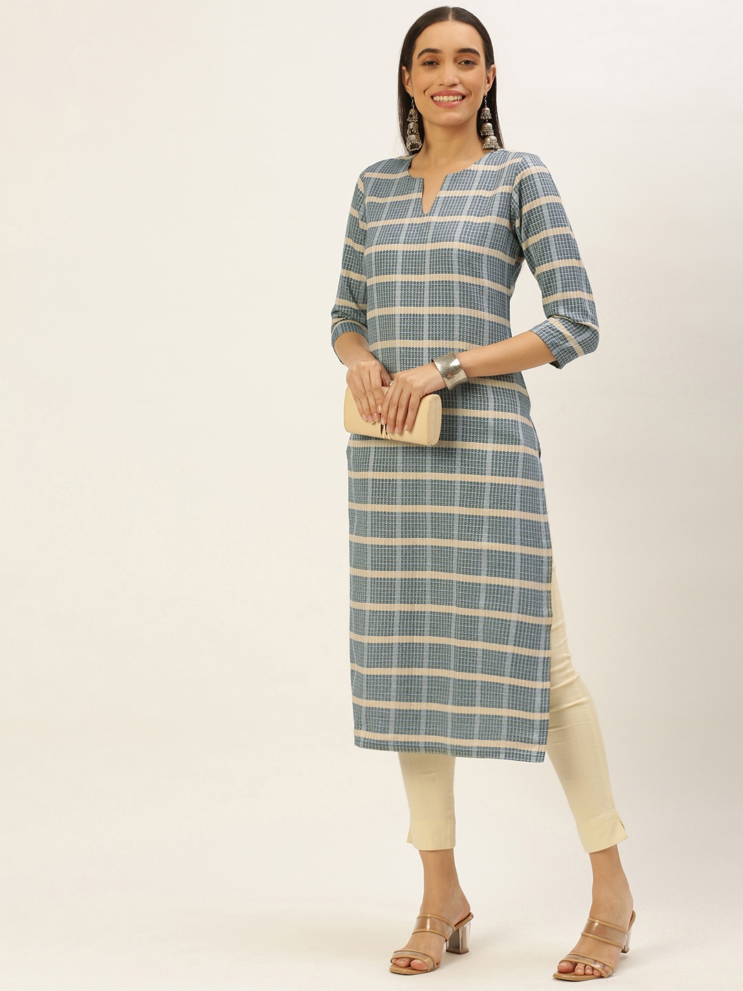 

Saanjh Women Checked Thread Work Straight Kurta, Green