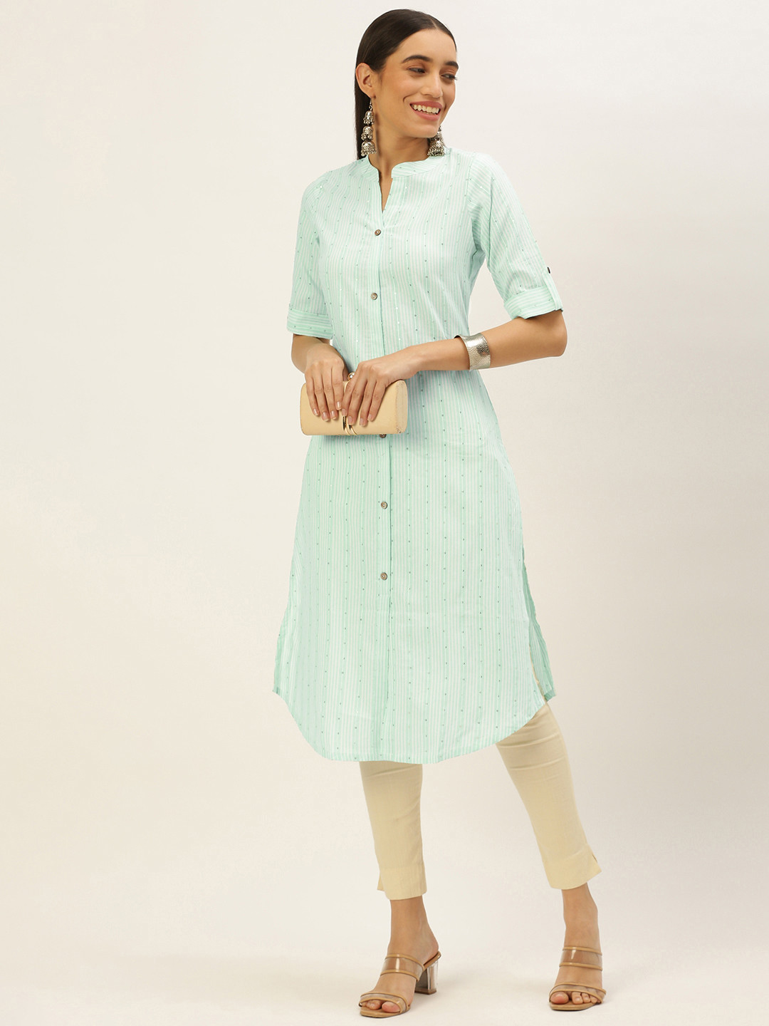 

Saanjh Women Striped Sequins Straight Kurta, Turquoise blue