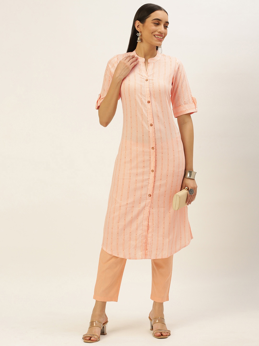 

Saanjh Women Striped Sequins Straight Kurta, Peach