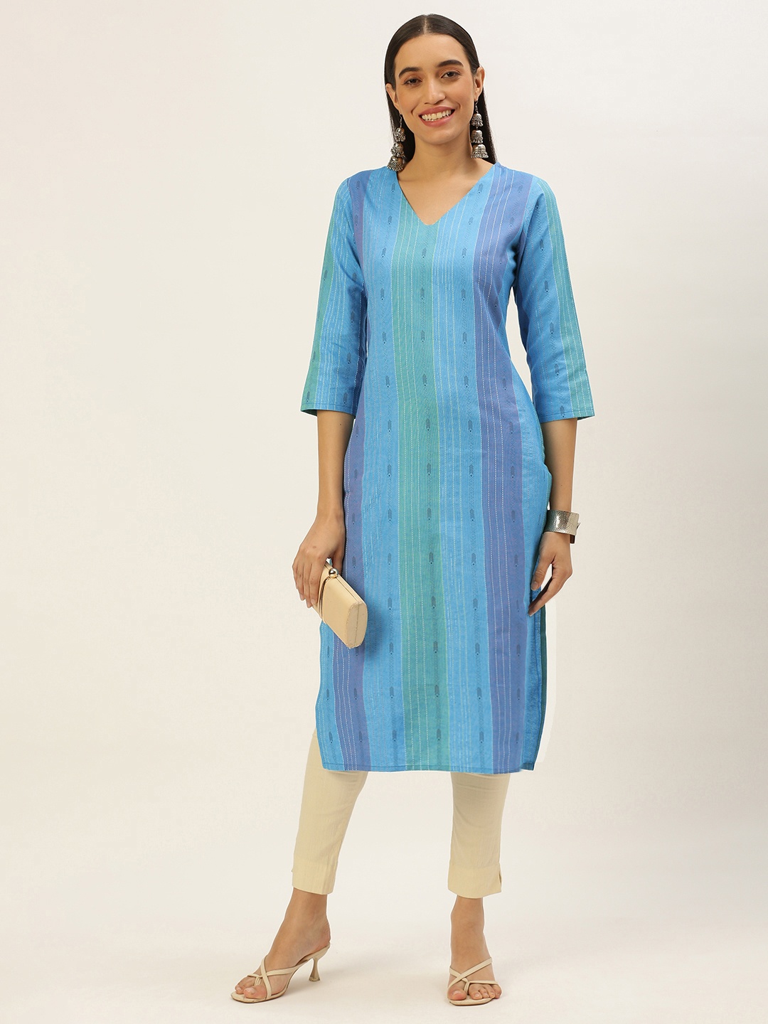 

Saanjh Women Striped Straight Kurta, Blue