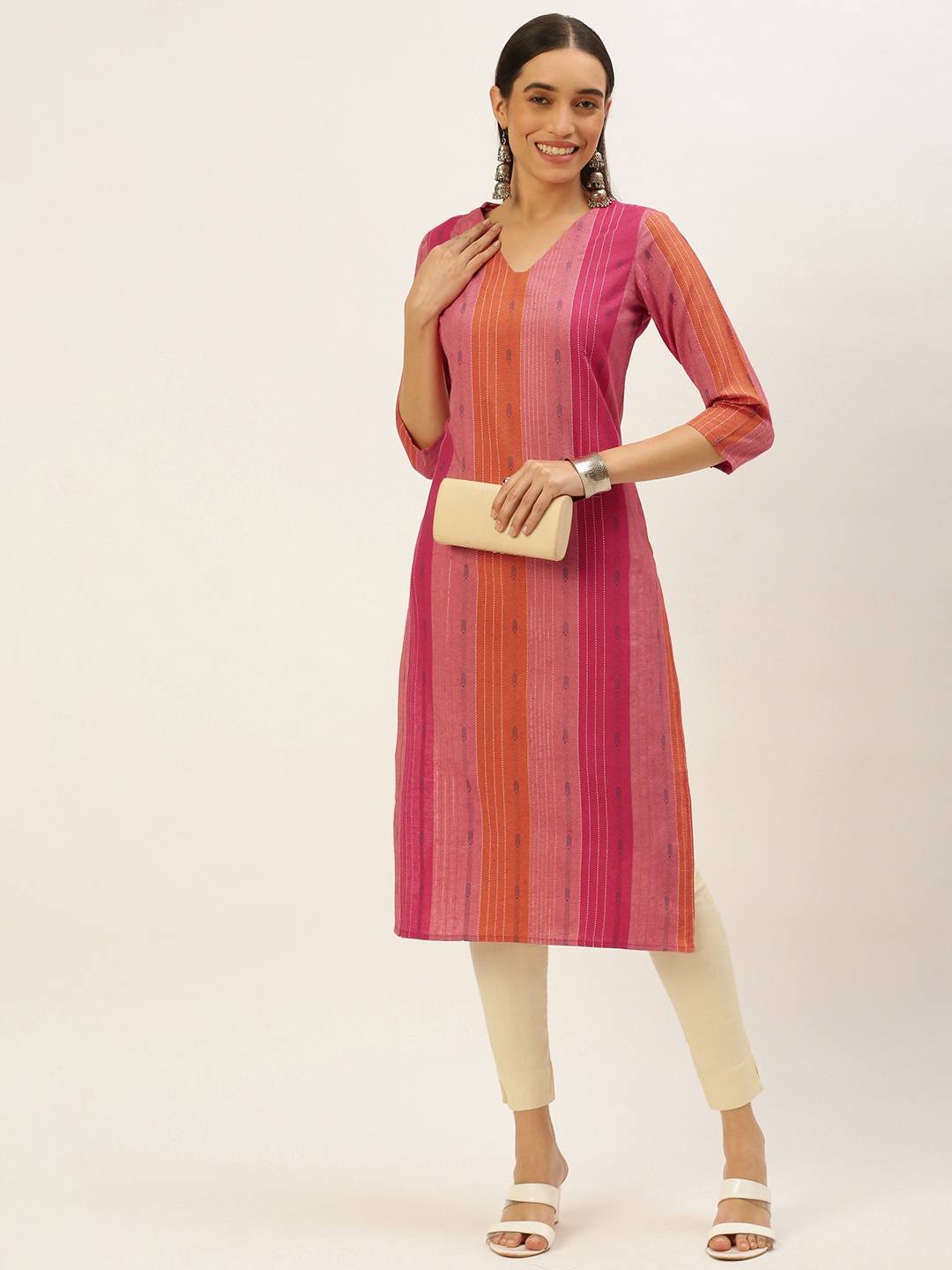 

Saanjh Women Striped Woven Design Kurta, Red