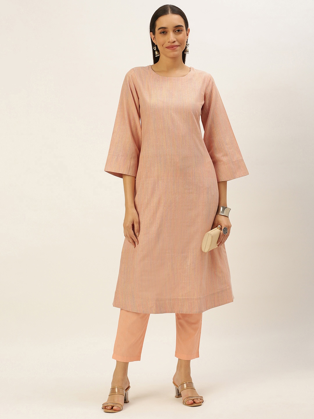 

Saanjh Women Woven Design A-Line Kurta, Peach