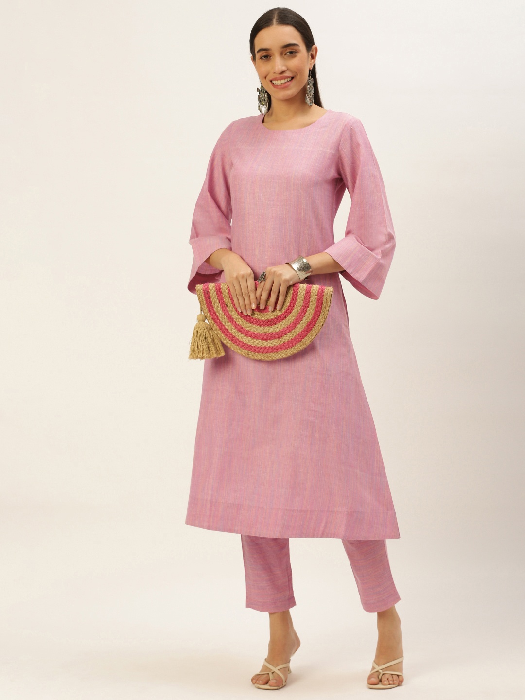 

Saanjh Women Woven Design A-Line Kurta, Pink
