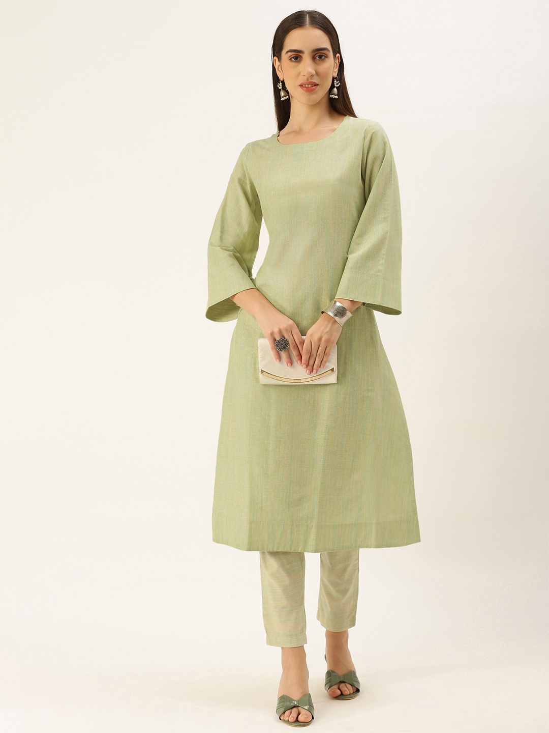 

Saanjh Women Woven Design A-Line Kurta, Green