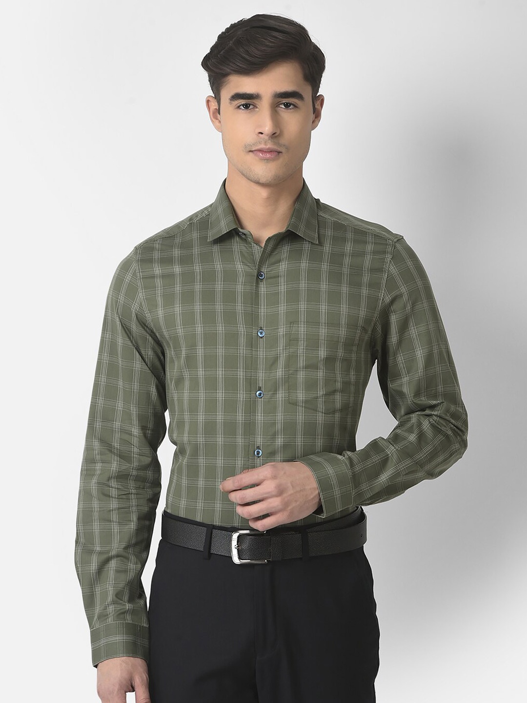 

Turtle Men Modern Slim Fit Tartan Checked Cotton Formal Shirt, Olive