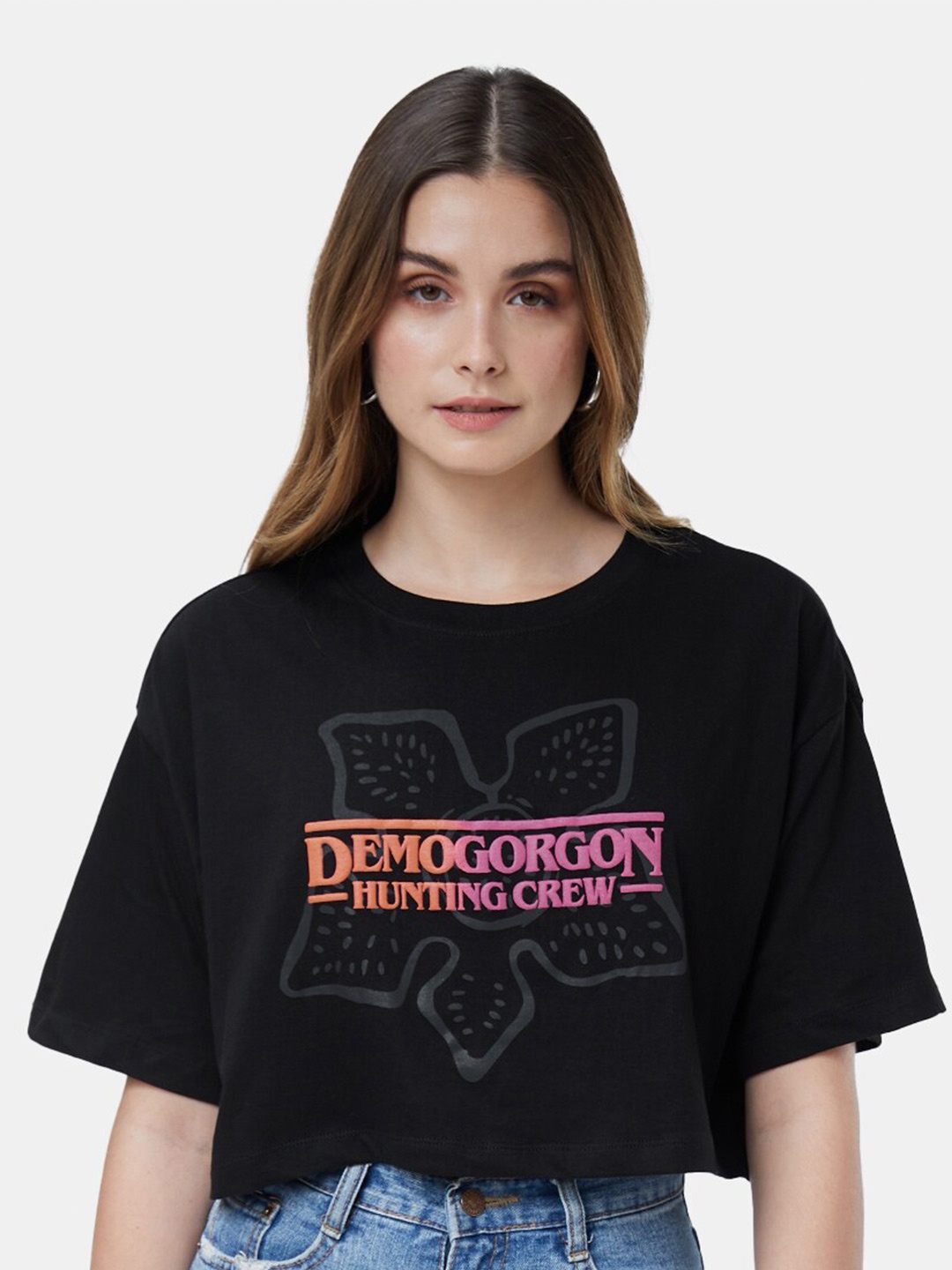

The Souled Store Women Stranger Things Printed Pure Cotton Drop-Shoulder Sleeves Oversized T-shirt, Black