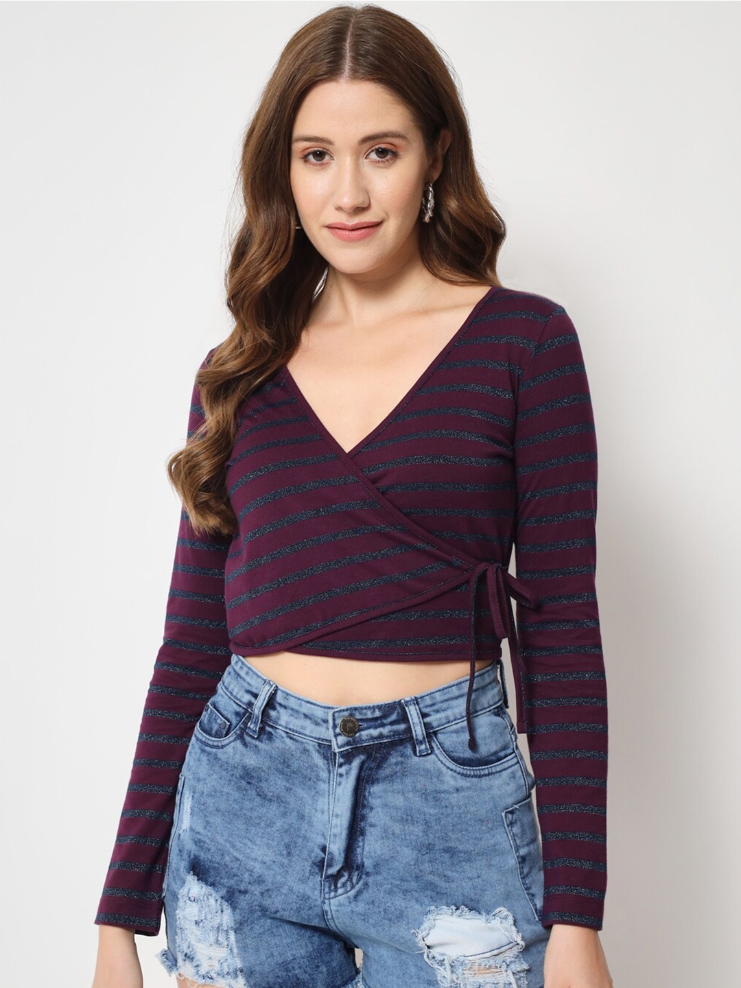 

CHARMGAL Striped Wrap Crop Top, Purple