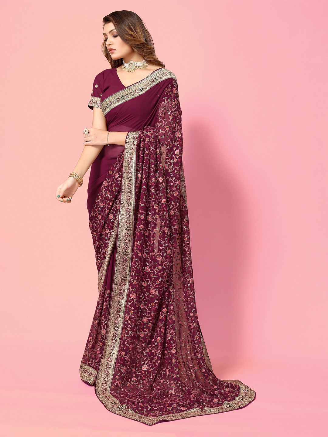 

all about you Floral Embroidered Saree, Maroon